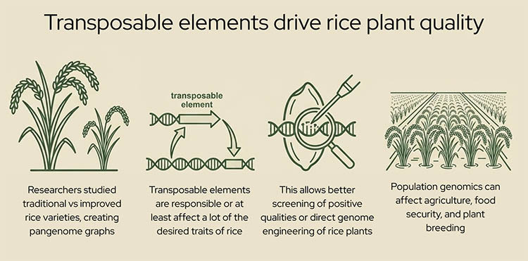 Image 3: Agricultural population genomics infographic showing transposable elements driving rice plant quality improvements. Four-stage diagram: (1) comparison of traditional versus improved rice varieties using pangenome graphs, (2) transposable element (TE) activity affecting DNA and gene expression, (3) precision screening and genome engineering of rice plants for desired traits, and (4) agricultural field representing enhanced crop breeding and food security outcomes. Overall, it illustrates how TE variations in rice genomes may enable climate-optimized high-yield variety development.